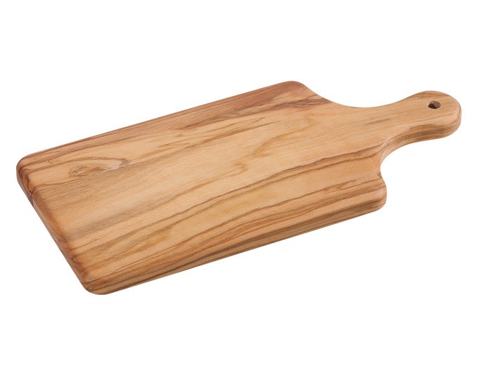 Braunes Schneidbrett aus Olivenholz von ZASSENHAUS mit sichtbarer Maserung, rechteckige Form, Masse 26 x 12 x 1.4 cm.