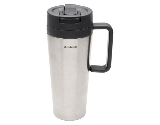 Grauer Isolierbecher Make&Take von BRABANTIA aus doppelwandigem Edelstahl mit drehbarem Deckel und integriertem Flip-Trinkhalm, 24 cm hoch.
