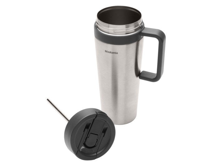 Grauer Isolierbecher Make&Take von BRABANTIA aus doppelwandigem Edelstahl mit drehbarem Deckel und integriertem Flip-Trinkhalm, 24 cm hoch.