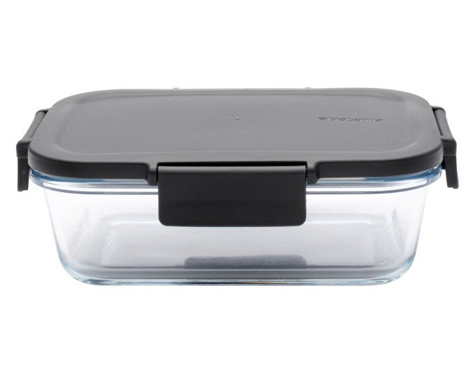 BRABANTIA Vorratsbehälter Make&Take aus klarem Glas mit dunkelgrauem Deckel und Klickverschluss, quaderförmig, Volumen 1 Liter.