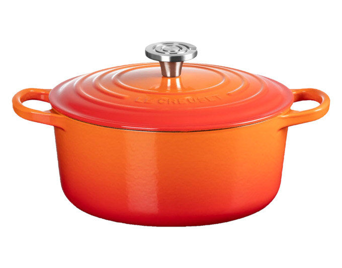 Runder Bräter Signature Crucible von LE Creuset in Ofenrot aus Gusseisen mit Deckel
