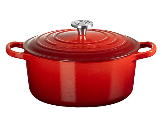 Runder kirschroter Bräter Signature von LE Creuset aus emailliertem Gusseisen mit Deckel