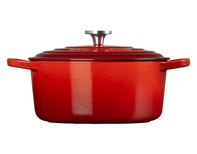 Runder kirschroter Bräter Signature von LE Creuset aus emailliertem Gusseisen mit Deckel