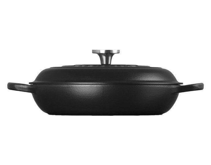Schwarzer Gusseisentopf mit Deckel und Griffen, LE Creuset Gourmet-Profitopf Signature Crucible