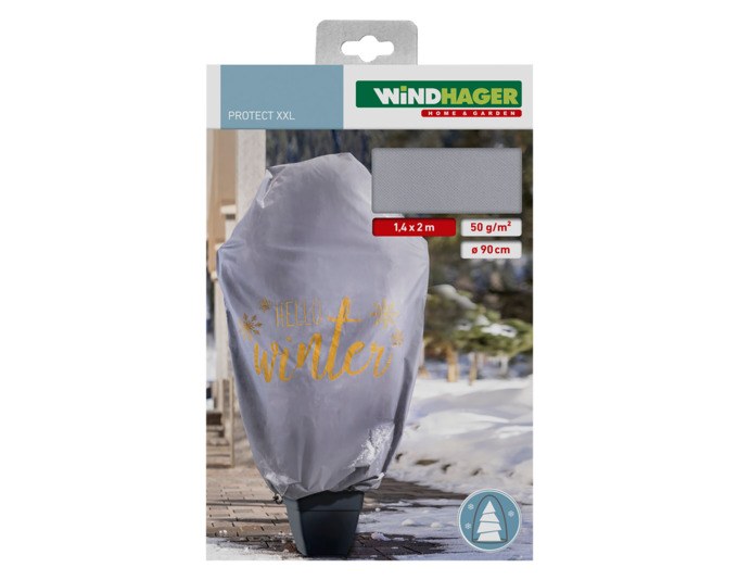 Graue Vlieshaube aus Polypropylenvlies mit Hello-Winter-Motiv, Zugkordel und Kordelstopper zum Schutz von Pflanzen im Garten.