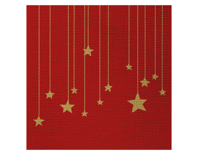 Rote Papierserviette mit goldenem Sternenmuster, dreilagig, 33x33 cm, gefaltet in Viertelfalz, aus 100% Tissue gefertigt.