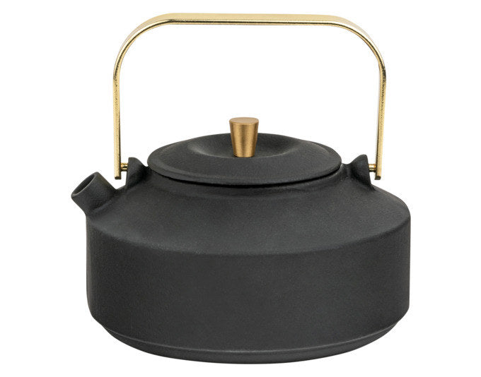 Schwarze Gusseisen-Teekanne BREDEMEIJER Shangdong mit goldfarbenem Griff, Deckelknopf und Edelstahlfilter, Fassungsvermögen 1 Liter.