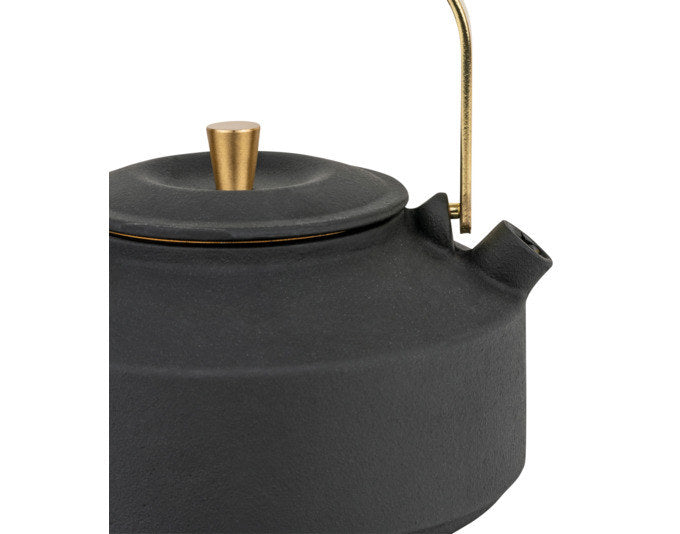 Schwarze Gusseisen-Teekanne BREDEMEIJER Shangdong mit goldfarbenem Griff, Deckelknopf und Edelstahlfilter, Fassungsvermögen 1 Liter.