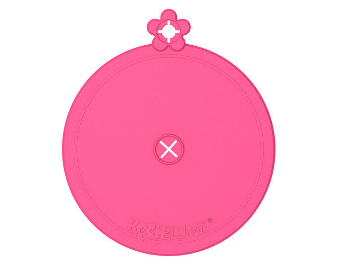 Drei runde Glasabdeckungen aus flexiblem Silikon in Pink und Rot, ø 10 cm, mit mittiger Öffnung für Strohhalme und seitlichem Griff.