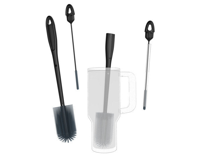 Anthrazitfarbene Becherbürste 2-in-1 mit flexiblen Silikonborsten und integrierter Trinkhalmbürste, Längen 40 cm und 27 cm.