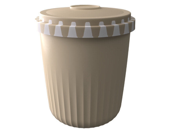 Runde Snackbox in Taupe mit 1-Click-Verschluss, Durchmesser 10 cm, mit sichtbaren Fächern zur getrennten Aufbewahrung von Lebensmitteln.