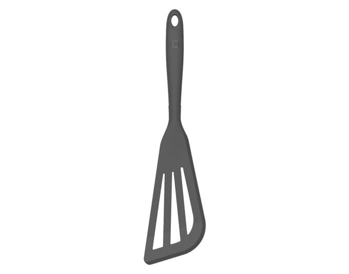 Anthrazitfarbener Eckwender aus Silikon mit Edelstahlkern, abgeschrägte Form mit Schlitzstruktur, Länge 32 cm, Breite 8 cm.