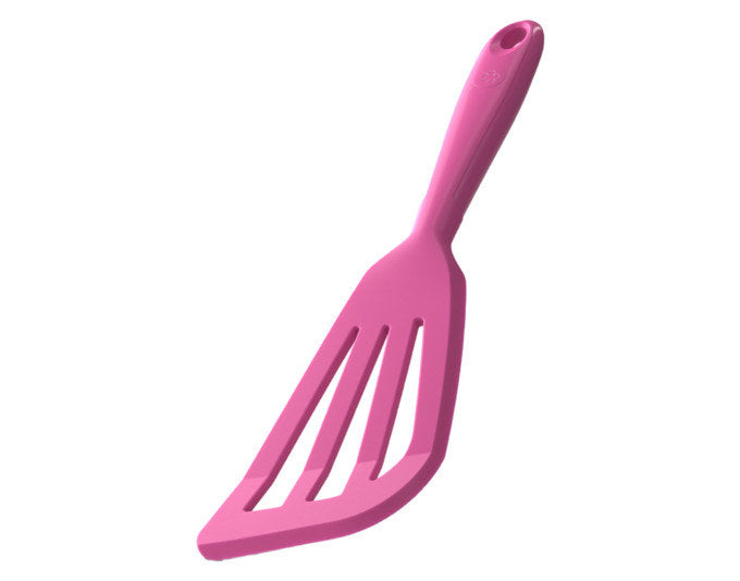 Pinker Pfannenwender aus Silikon mit Edelstahlkern, abgeschrägte Form mit Schlitzstruktur, Länge 24 cm, Marke KOCHBLUME.