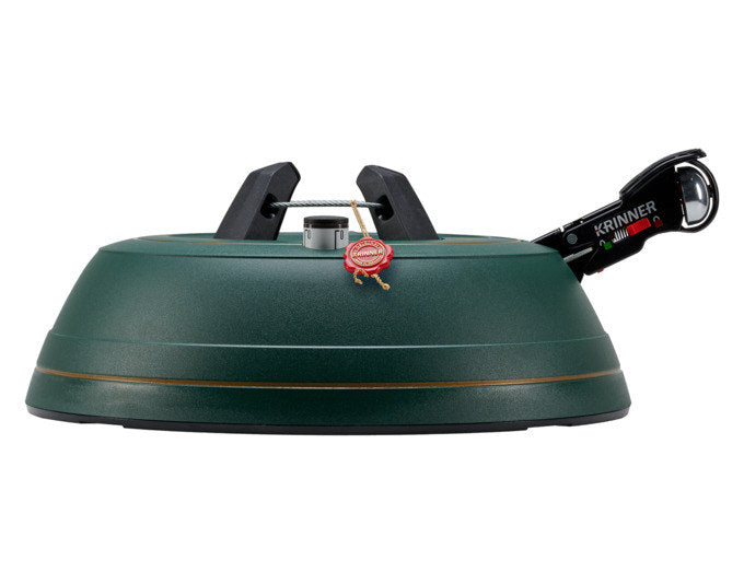 Schwarzer KRINNER Christbaumständer Ultra Grip + XL mit rundem Standfuss, Fusshebel und integriertem Wassertank für Weihnachtsbäume.