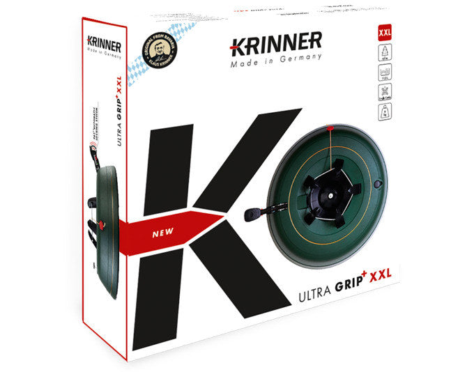 Schwarzer runder Christbaumständer KRINNER Ultra Grip + XXL mit Durchmesser 52 cm, Fusspedal und Sicherheitsgurt zur Fixierung des Baumstamms.