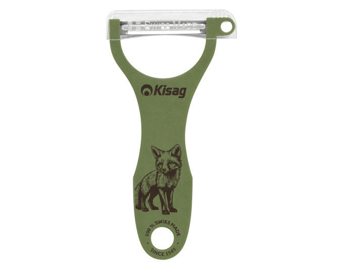Grüner KISAG Sparschäler Fuchs mit beweglicher Edelstahlklinge und integriertem Ausstecher, ergonomisch geformter Griff für beide Hände.