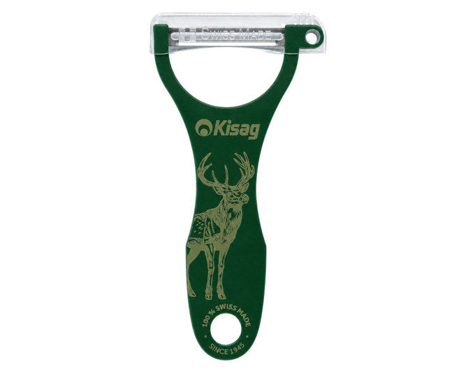 Dunkelgrüner Sparschäler KISAG Hirsch mit beweglicher Edelstahlklinge, ergonomischem Griff und integriertem Ausstecher für Kartoffelaugen.