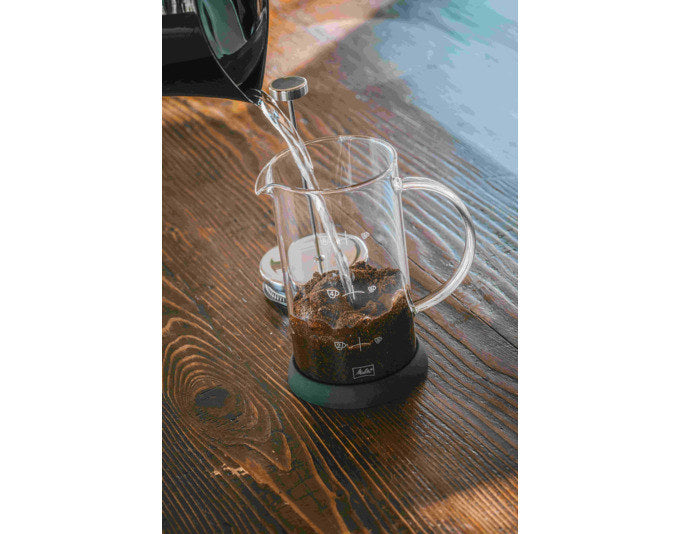 MELITTA Kaffeezubereiter mit transparenter Glaskanne aus Borosilikatglas, silbernem Presssieb aus Edelstahl und isolierendem Griff, Fassungsvermögen 1000 ml.