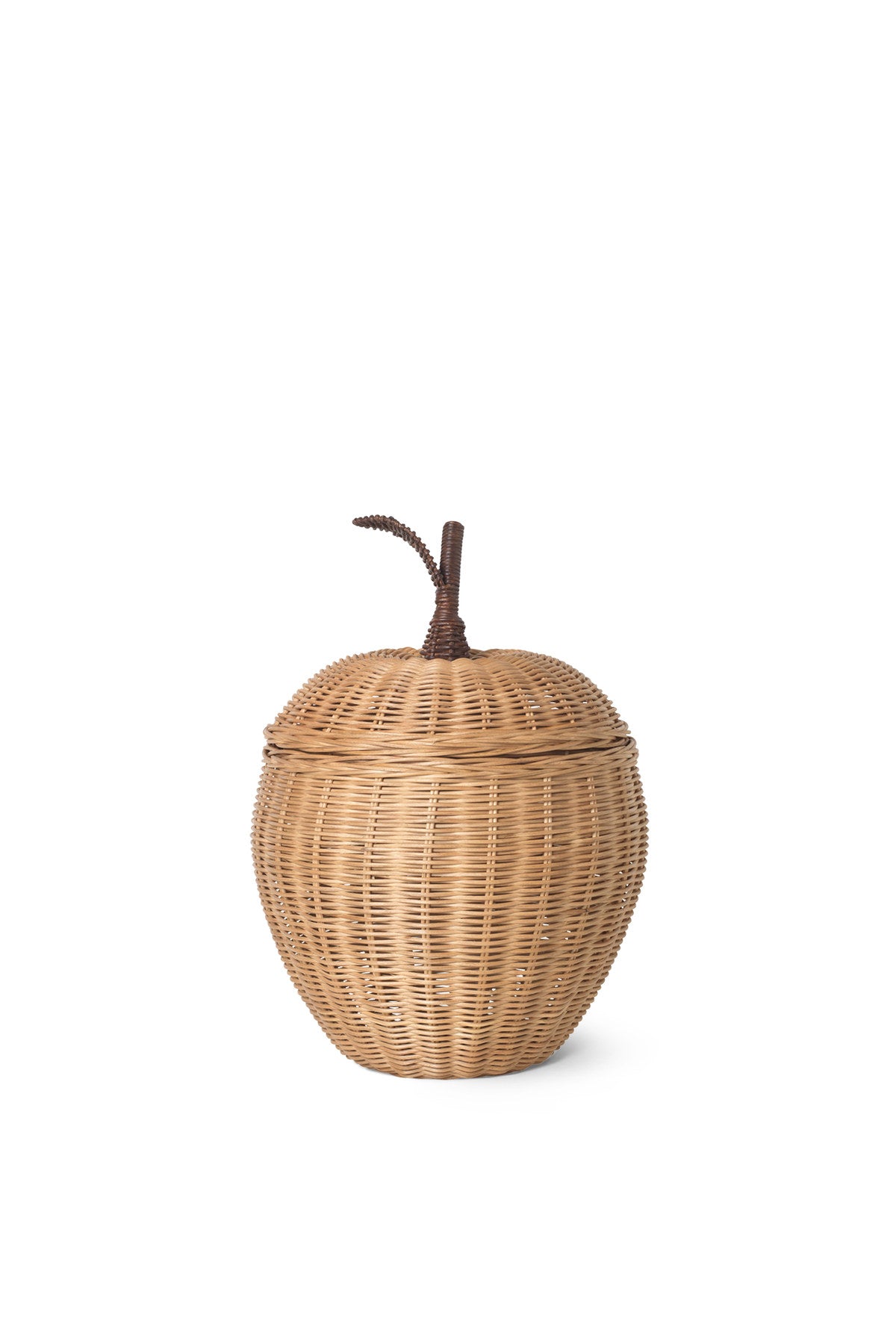 Grosser geflochtener Aufbewahrungskorb aus Rattan in Naturfarbe mit Apfelform und seitlichen Griffen, Durchmesser 55 cm, Höhe 70 cm.