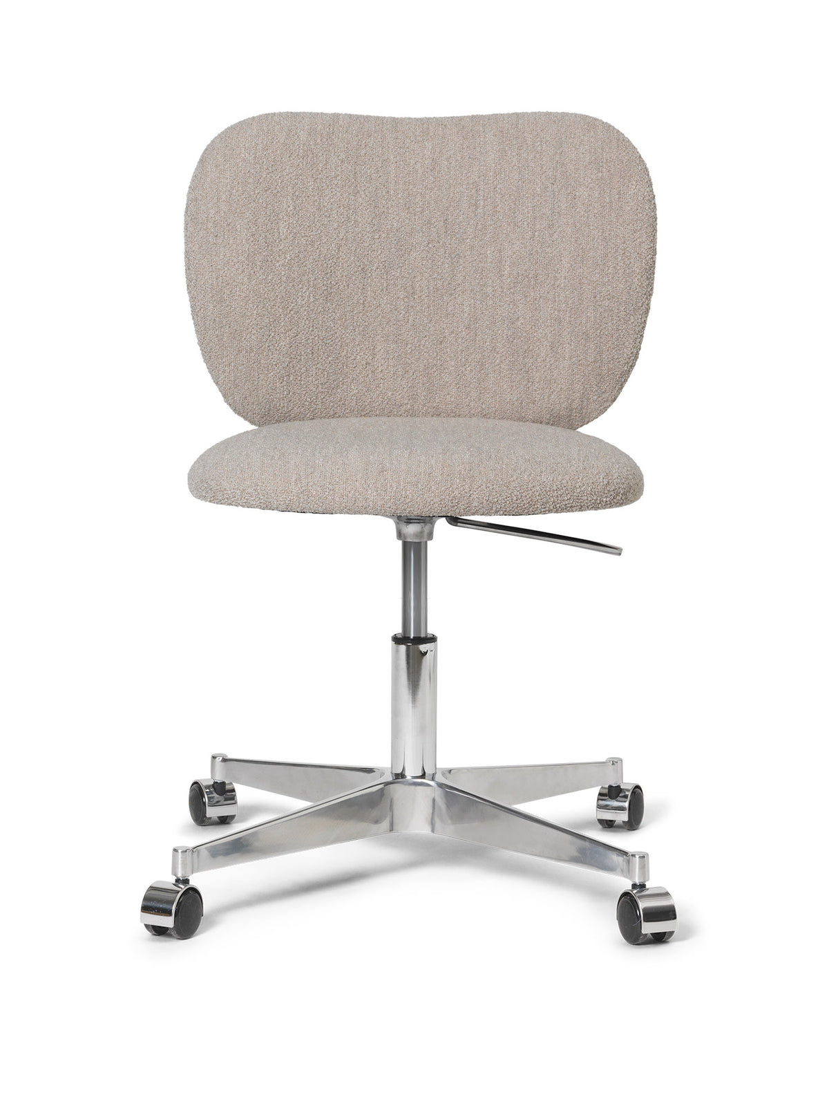 Rico Sessel mit Rollen, Stuhl mit Armlehne, runde Form, Bouclé-Bezug in Offwhite