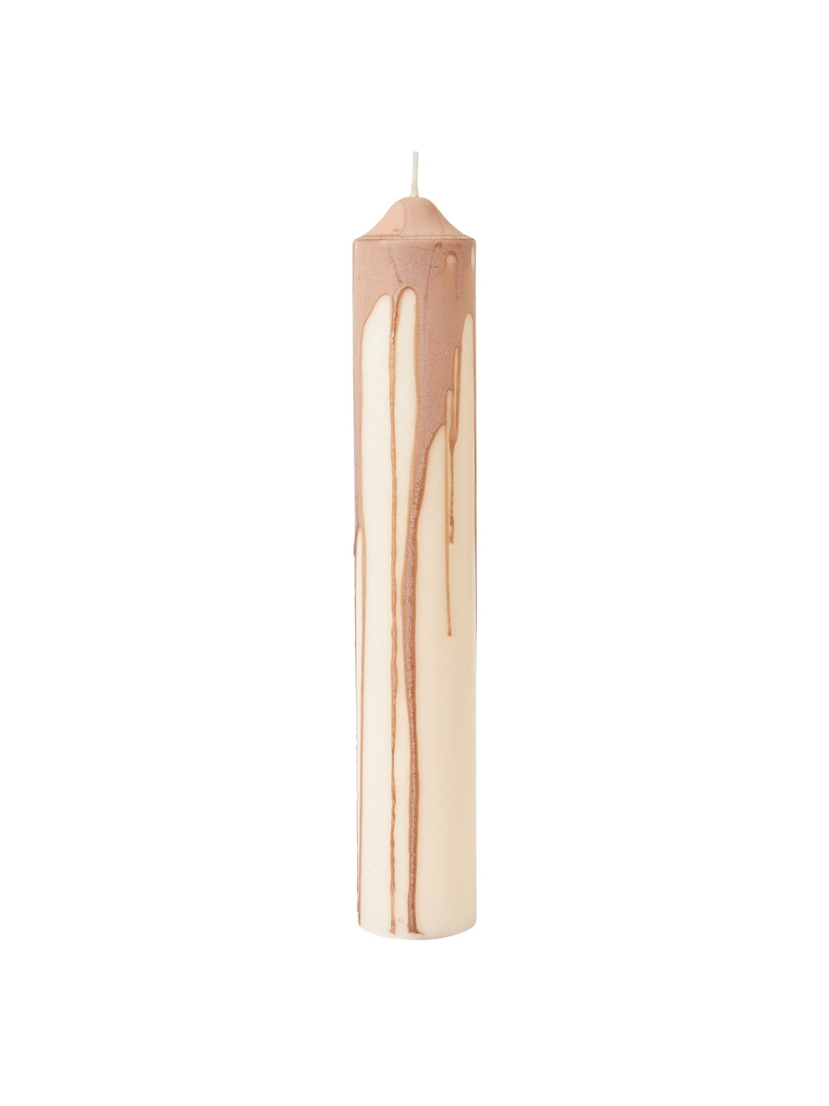 Stumpenkerze aus reinem Stearin in Dunkle Schokolade, zylindrische Form mit gewelltem, handverziertem Wachsprofil, Höhe 20 cm.