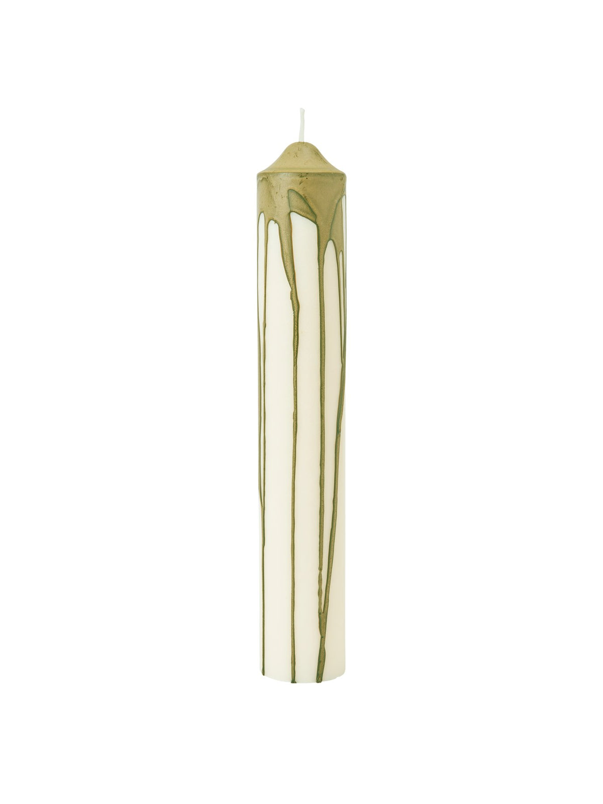 Stumpenkerze aus reinem Stearin in Dunkle Schokolade, zylindrische Form mit gewelltem, handverziertem Wachsprofil, Höhe 20 cm.