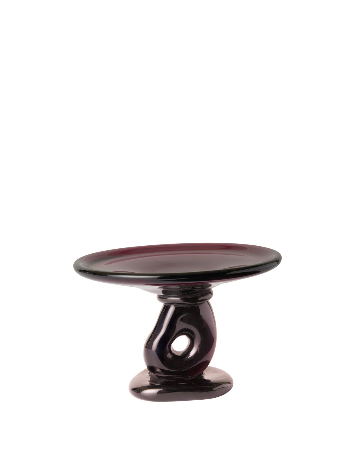 Damo Glas-Tafelaufsatz von Ferm Living, Tortenplatte aus mundgeblasenem Massivglas in Klar, geschwungener Skulpturenfuss, handgefertigt