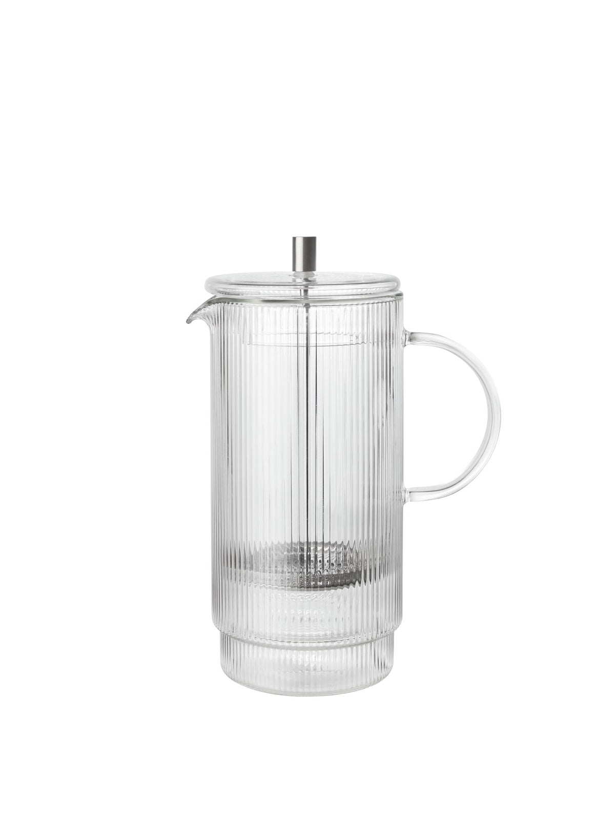 Doppelwandige French Press aus mundgeblasenem Glas mit geriffelter Oberfläche und Edelstahl-Deckel, transparent, zylindrische Form.