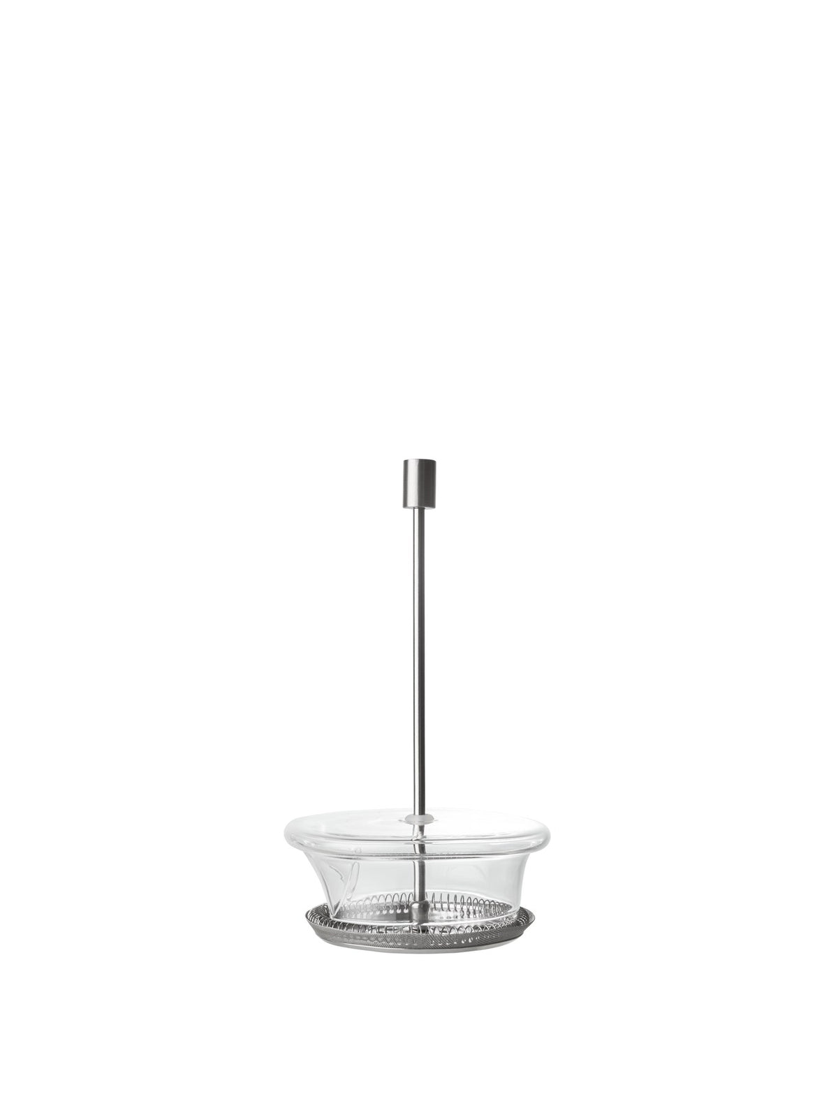 Doppelwandige French Press aus mundgeblasenem Glas mit geriffelter Oberfläche und Edelstahl-Deckel, transparent, zylindrische Form.