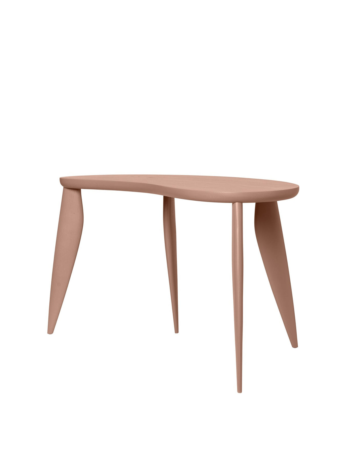 Feve Kinderschreibtisch von Ferm Living aus massiver Esche in Rose, mit asymmetrischer Tischplatte und schlanken elliptischen Beinen.