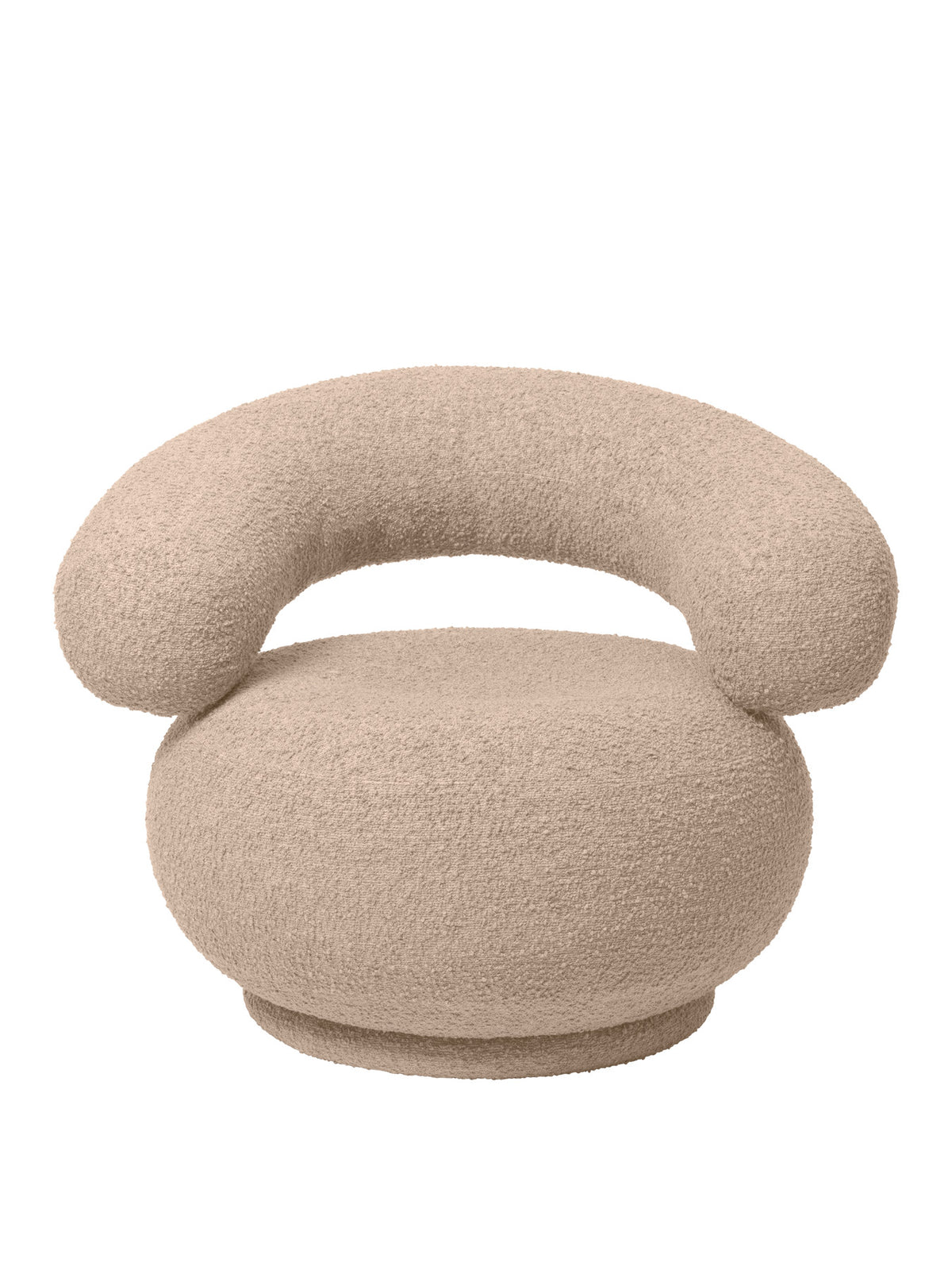 Orbo Drehsessel von Ferm Living in Raw Bouclé mit röhrenförmiger Rückenlehne und Standfuss