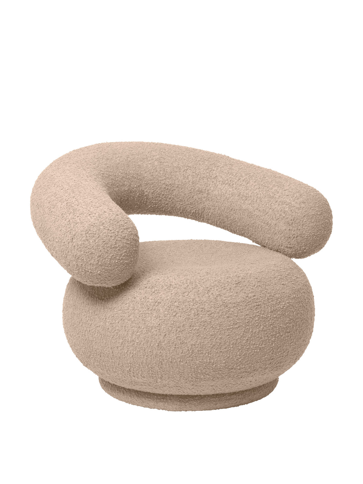 Orbo Drehsessel von Ferm Living in Raw Bouclé mit röhrenförmiger Rückenlehne und Standfuss
