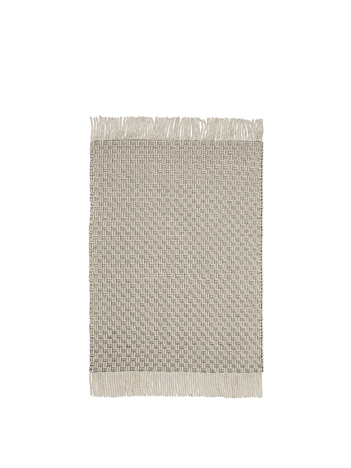 Rechteckiger, handgewebter Teppich aus Wolle und Baumwolle in Off-White und Schwarz mit langen Fransen, Grösse 140 x 200 cm.