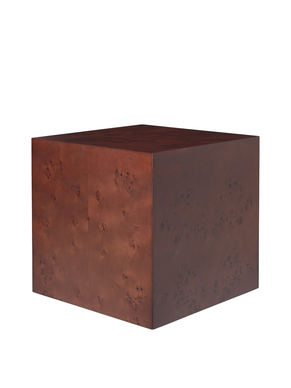 Würfelförmiger Beistelltisch mit dunkel gebeiztem Wurzelholzfurnier, sichtbaren natürlichen Maserungen, Astlöchern und geometrisch schlichter Form.