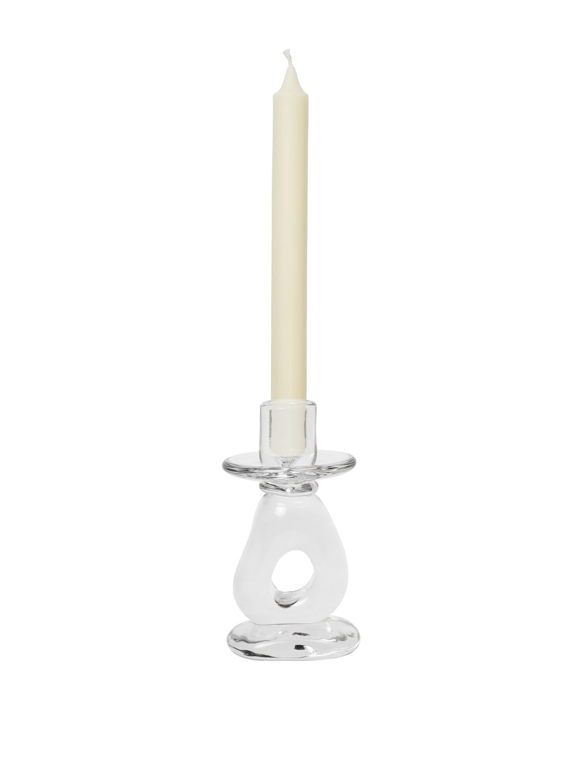 Mundgeblasener Kerzenhalter aus klarem Massivglas mit skulpturaler, fliessender Form, konzipiert für eine einzelne Kerze, Höhe 16 cm.