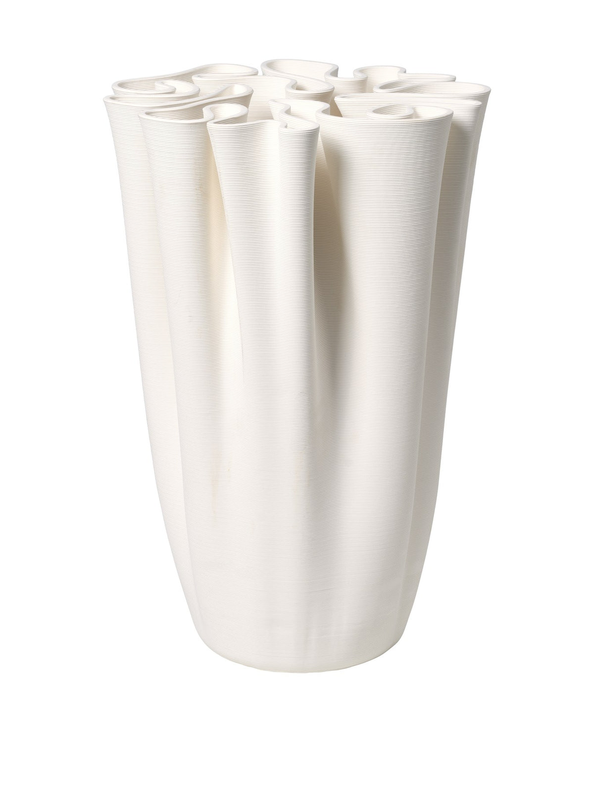 Off-White Bodenvase aus Steingut mit reliefartigem, labyrinthähnlichem Muster, aussen unglasiert, innen glasiert, Höhe 50 cm.