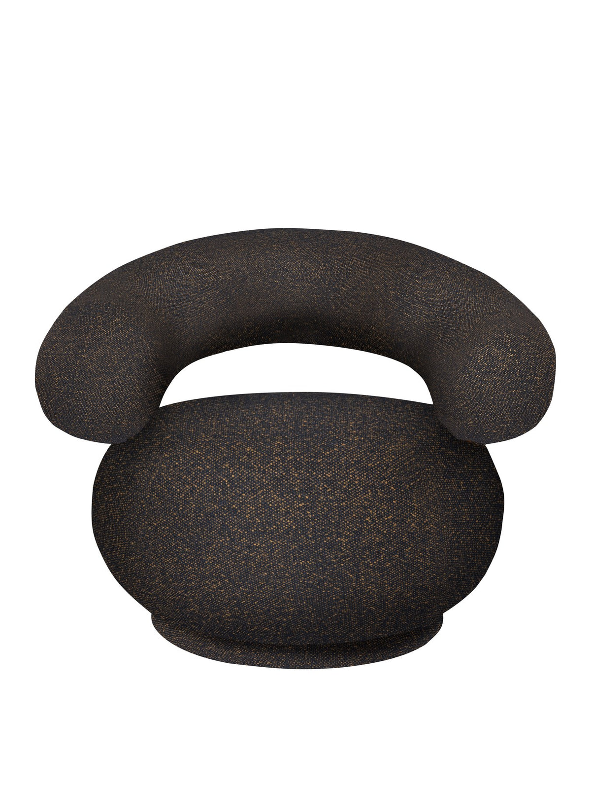 Drehsessel Orbo von Ferm Living mit rundem Vanir-Stoffbezug in Schwarz/Honig, wolkenartiger Form und robustem Drehsockel aus Metall und Holz.