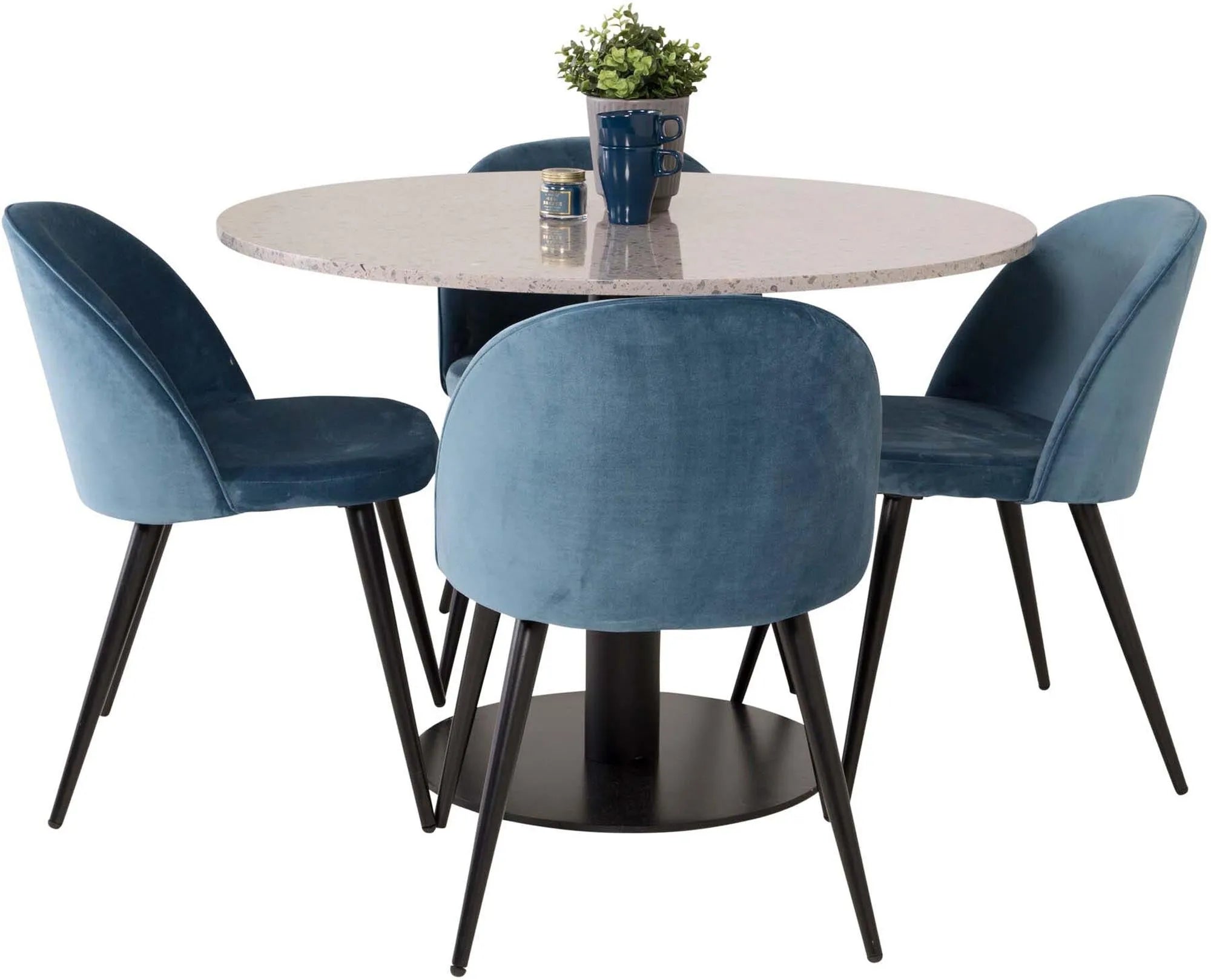 Stilvolles Razzia Esszimmerset: Velvet-Tisch mit 4 Stühlen, 106cm.