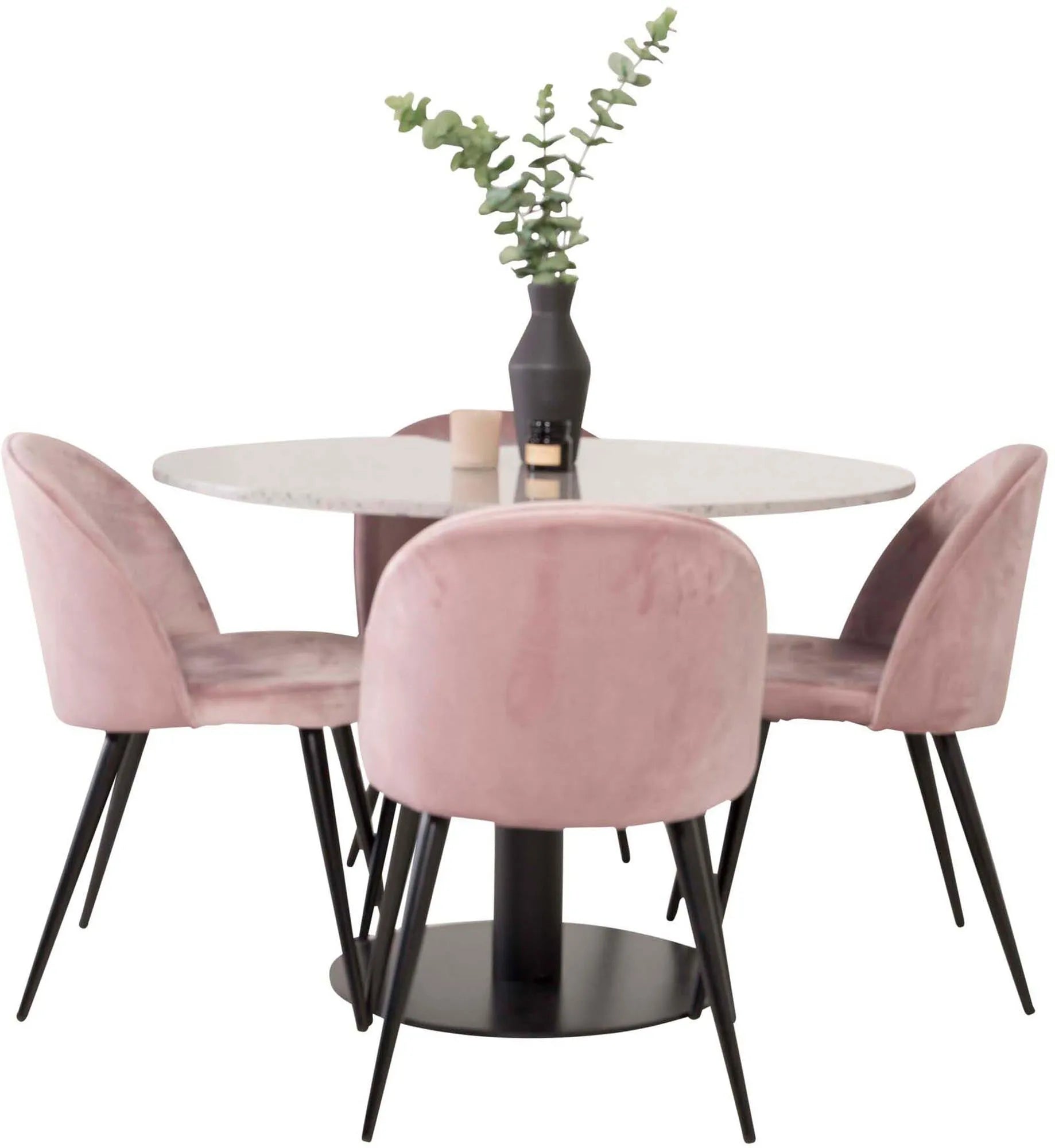 Elegantes Razzia Esszimmerset: Velvet-Tisch mit 4 Stühlen, 106cm.
