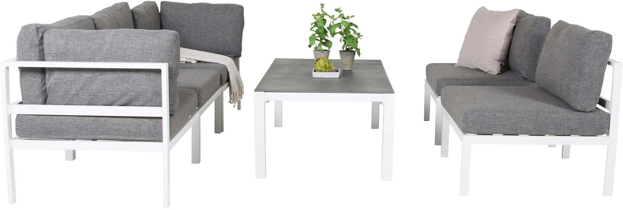 Stilvolle Copacabana Sofagarnitur V4: Modulares Design, graue Kissen, Aintwood & Metall, ideal für Ihren Außenbereich.