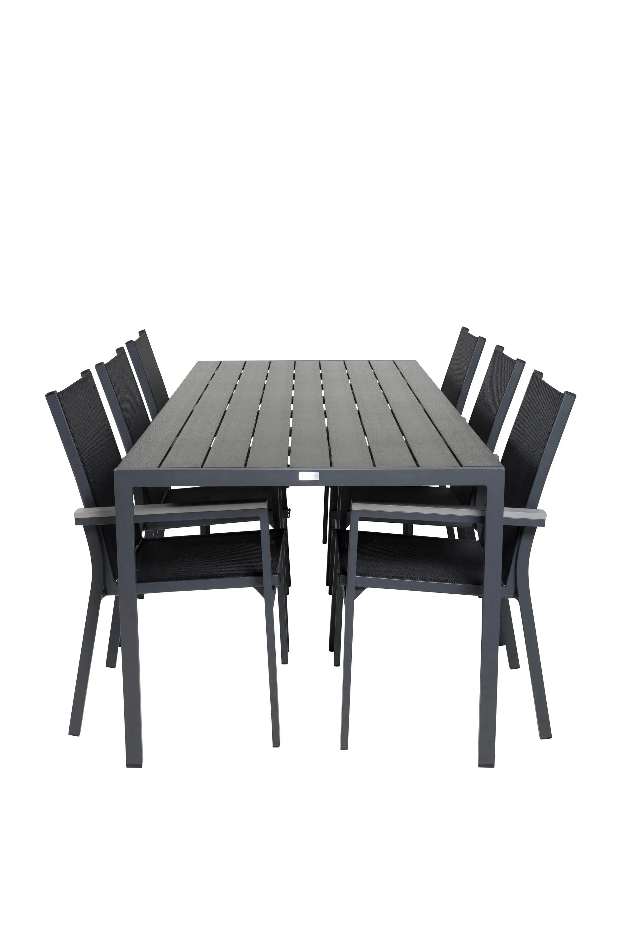 Stilvolles Esszimmerset: Robuster Aintwood-Tisch & stapelbare Parma Stühle, ideal für gesellige Runden.