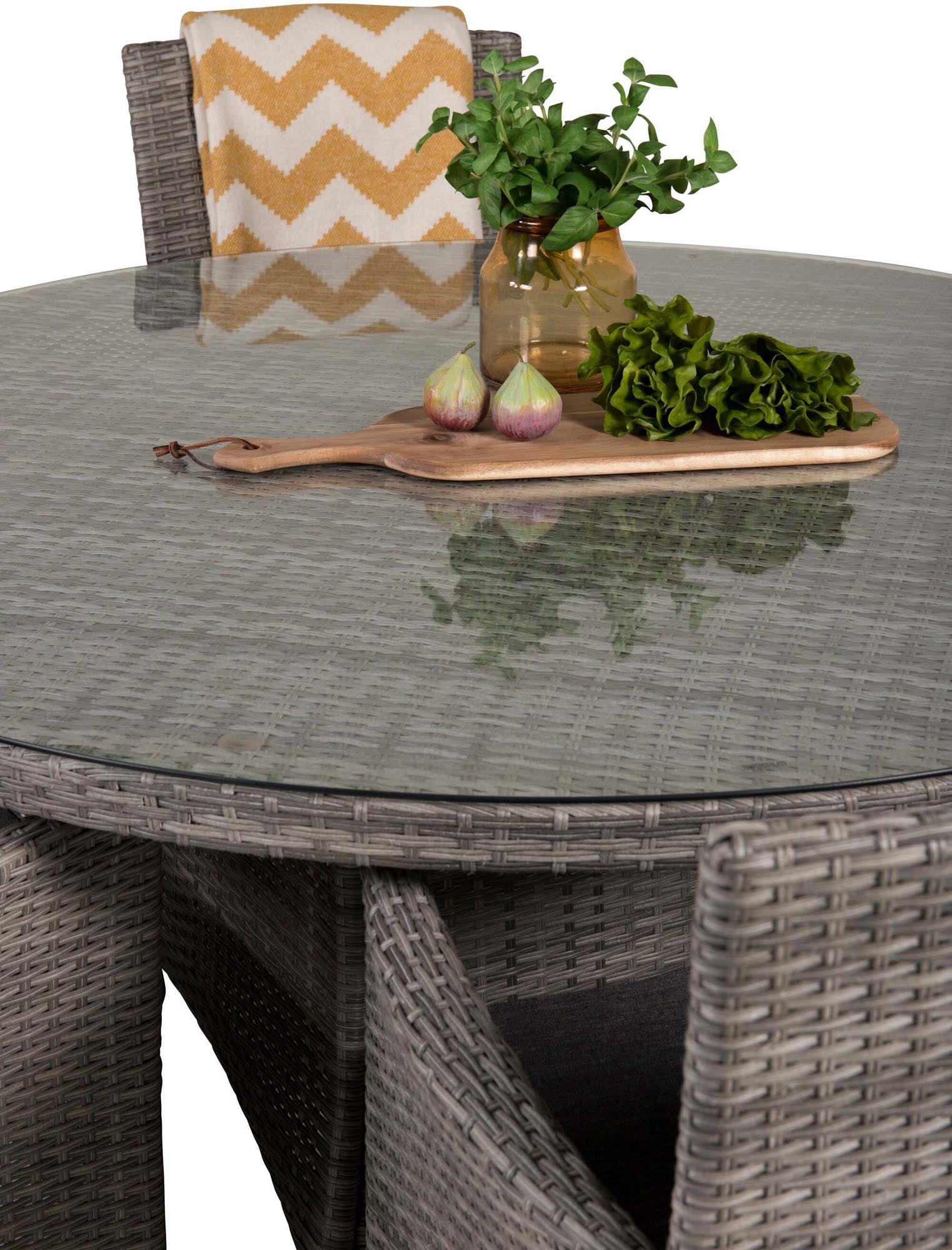 Volta Outdoor-Tischset + Malin ⌀150cm/6St. in Grau präsentiert im Onlineshop von KAQTU Design AG. Gartentischset ist von Venture Home