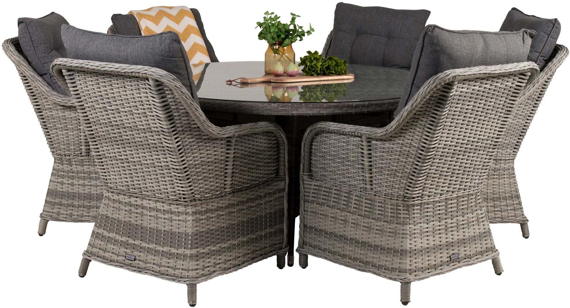 Volta Outdoor-Tischset + Vikelund ⌀150cm/6St. in Grau präsentiert im Onlineshop von KAQTU Design AG. Gartentischset ist von Venture Home
