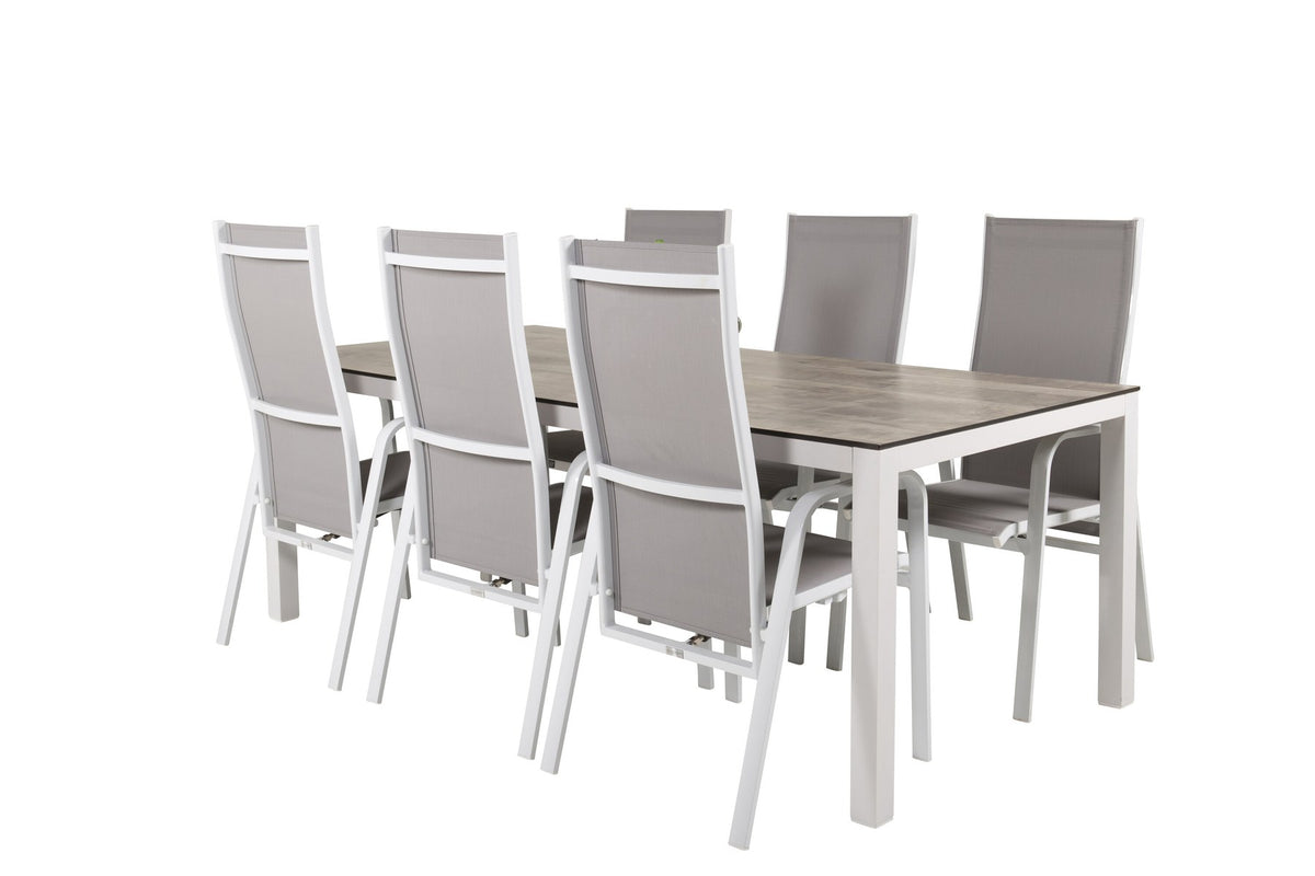 Graues Gartentischset aus Aluminium und HPL: rechteckiger Esstisch 205x100 cm mit zwei Relaxsesseln, pulverbeschichtete Oberfläche.