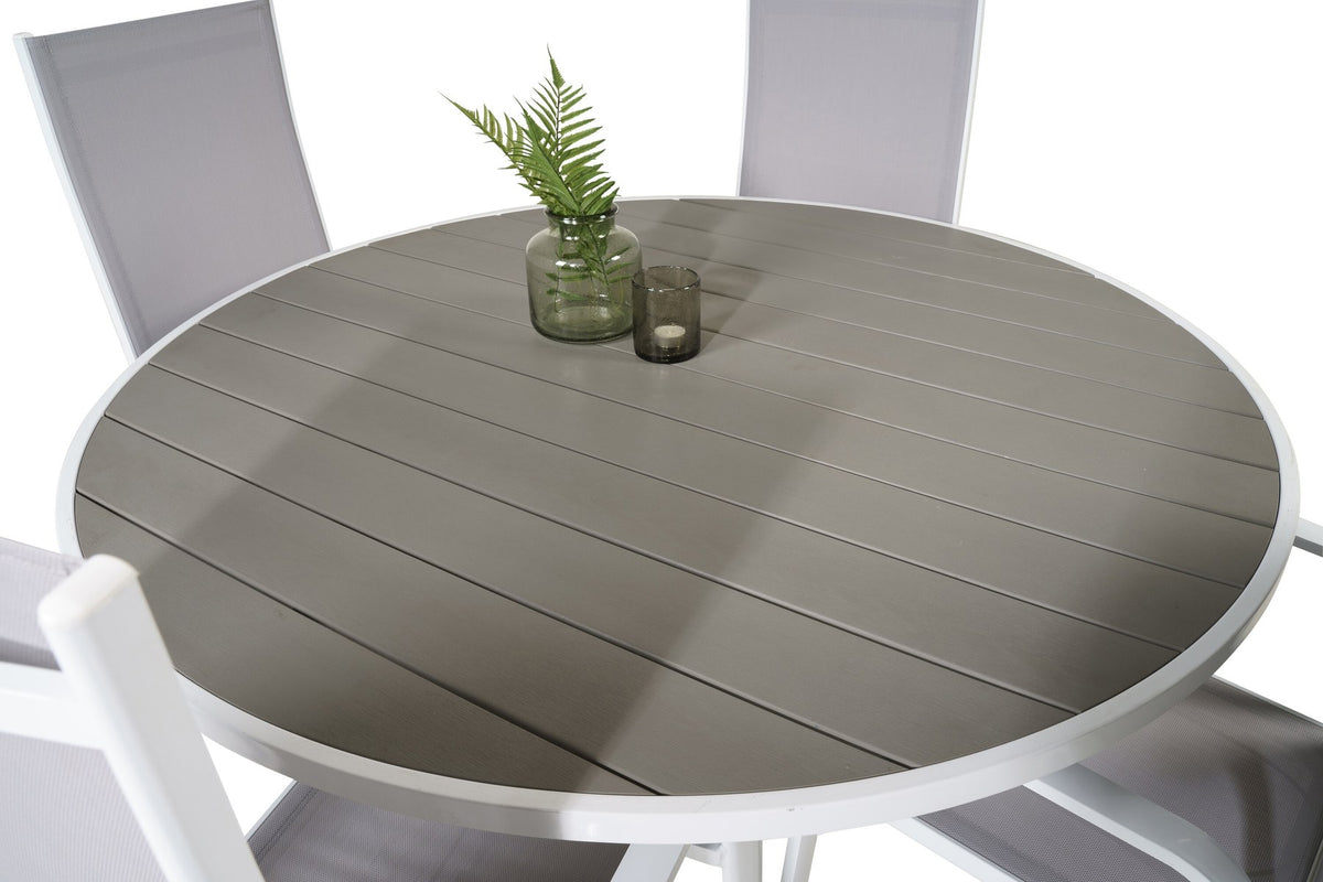 Rundes Gartentischset Parma mit ⌀140cm Tisch aus Aintwood und vier Copacabana Stühlen aus Textilene in Grau Weiss, Outdoor-Möbel von Venture Home
