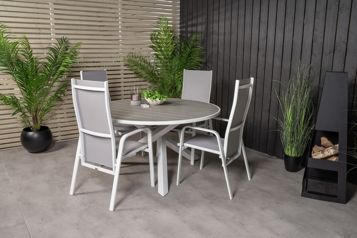 Rundes Gartentischset Parma mit ⌀140cm Tisch aus Aintwood und vier Copacabana Stühlen aus Textilene in Grau Weiss, Outdoor-Möbel von Venture Home