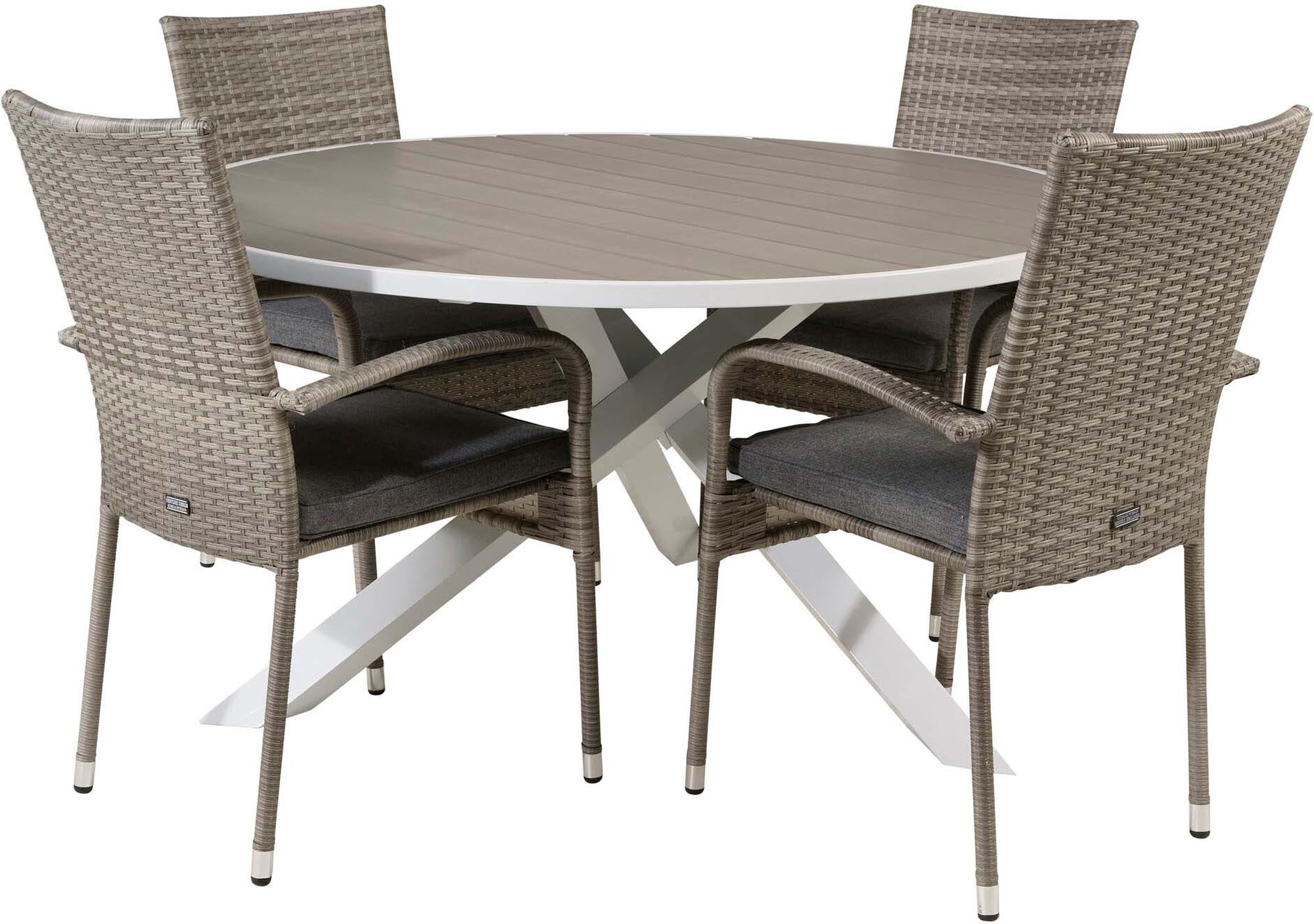 Entdecken Sie das stilvolle Parma Outdoor-Tischset + Anna ⌀140cm für 4 Personen. Witterungsbeständig, elegant und perfekt für Ihren Garten!