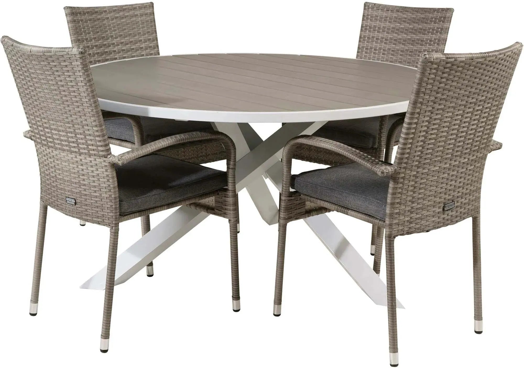 Stilvolles Parma Outdoor-Tischset mit 140cm Tisch und 4 Anna-Stühlen, robustes Korbgeflecht, ideal für Garten und Terrasse.