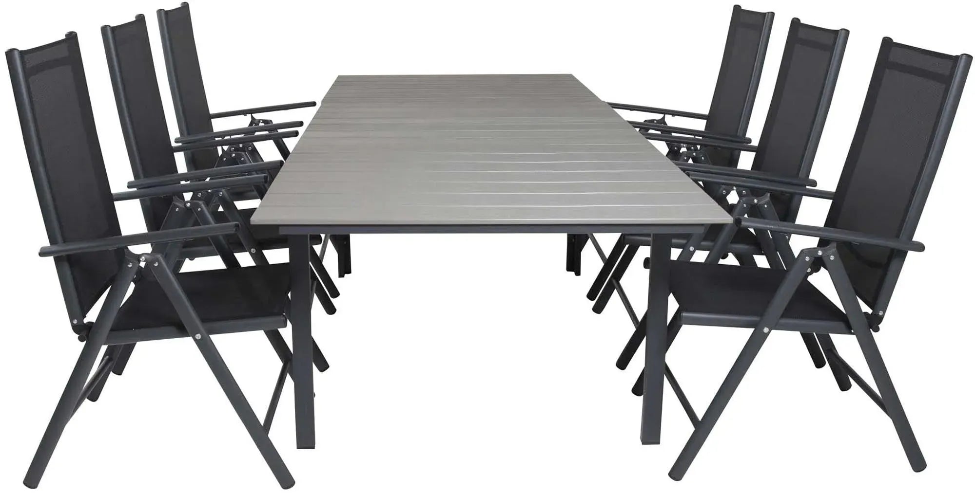 Stilvolles, ausziehbares Levels Outdoor-Tischset von Venture Home mit robusten, klappbaren Break Stühlen für gesellige Abende.