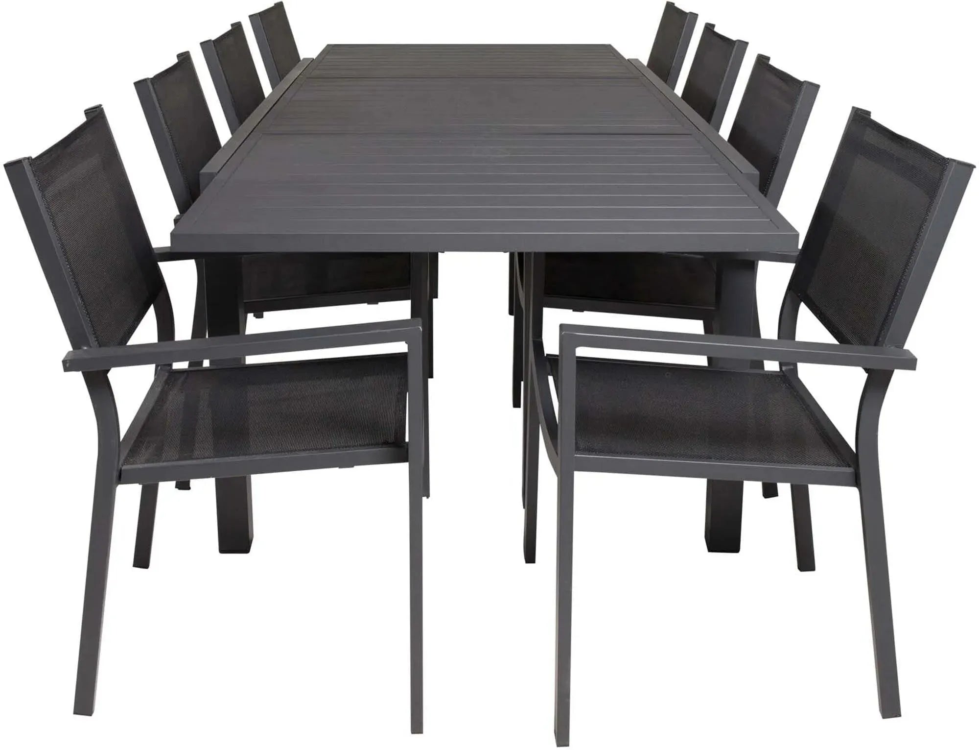 Elegantes Marbella Outdoor-Tischset mit ausziehbarem Tisch (240cm) und 8 stapelbaren Copacabana Stühlen, ideal für stilvolle Gartenfeste.